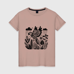 Летящий попугай и растения – Женская футболка хлопок с принтом купить со скидкой в -20%