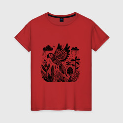 Женская футболка хлопок Летящий попугай и растения