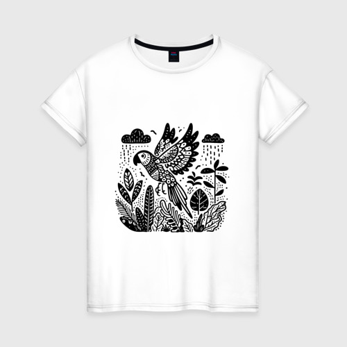 Женская футболка из хлопка с принтом Летящий попугай и растения, вид спереди №1