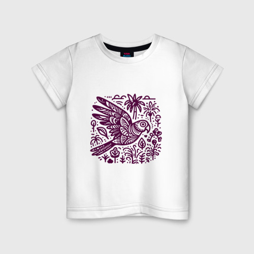 Детская футболка из хлопка с принтом Орнамент с попугаем и растениями, вид спереди №1