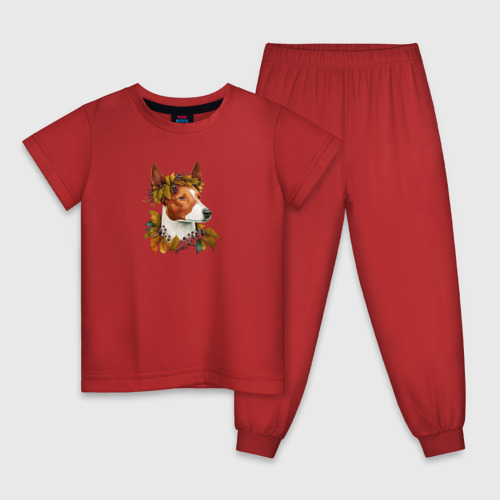 Детская пижама хлопок с принтом Басенджи рыжий арт с осенними листьями, вид спереди #2