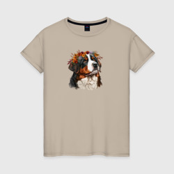 Женская футболка хлопок Бернский зенненхунд арт с осенними листьями
