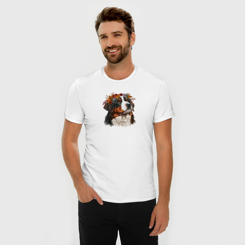 Мужская футболка хлопок Slim Бернский зенненхунд арт с осенними листьями, цвет белый - фото 3