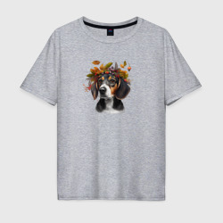 Мужская футболка хлопок Oversize Бигль арт с осенними листьями