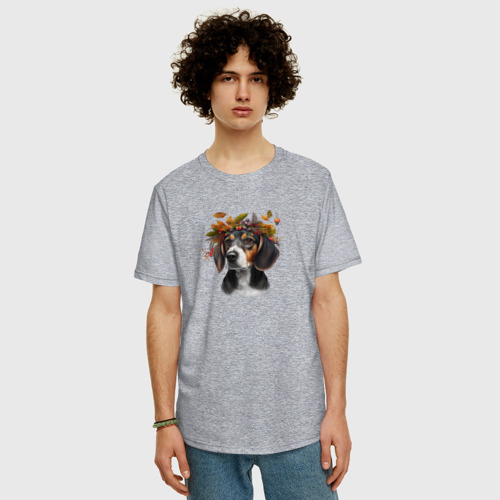 Мужская футболка хлопок Oversize Бигль арт с осенними листьями, цвет меланж - фото 3