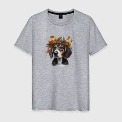Мужская футболка хлопок Бигль арт с осенними листьями