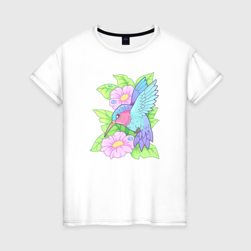 Женская футболка из хлопка с принтом Маленькая птичка колибри, вид спереди №1