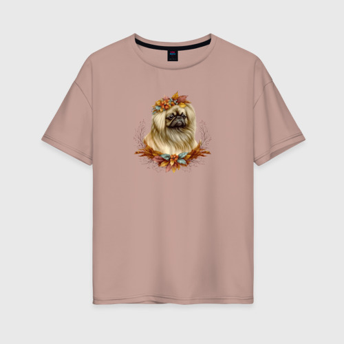 Женская футболка хлопок Oversize с принтом Пекинес осенний арт, вид спереди #2