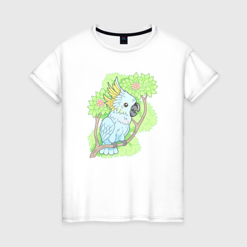 Женская футболка из хлопка с принтом Забавный попугай какаду, вид спереди №1