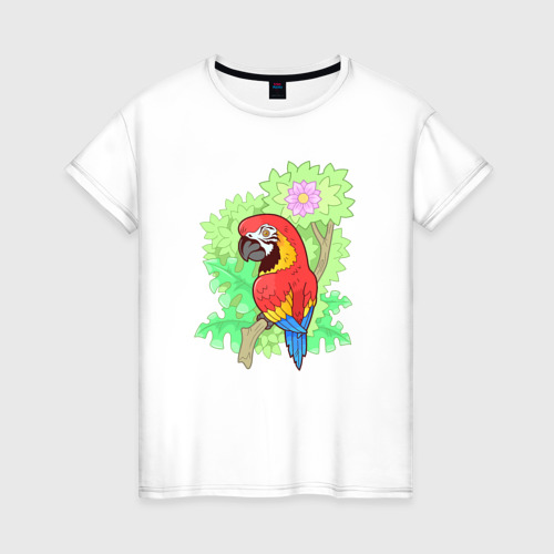 Женская футболка из хлопка с принтом Забавный попугай ара, вид спереди №1
