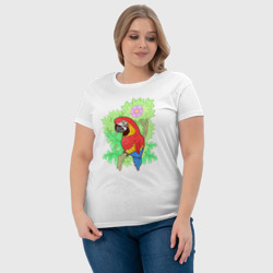 Футболка с принтом Забавный попугай ара для женщины, вид на модели спереди №4. Цвет основы: белый