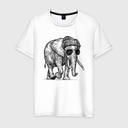 Мужская футболка из хлопка с принтом Слон-хипстер, вид спереди №1