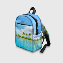Рюкзак с принтом Экзотический отдых с лазурным морем для ребенка, вид на модели спереди №3. Цвет основы: белый