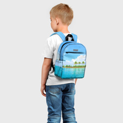 Рюкзак с принтом Экзотический отдых с лазурным морем для ребенка, вид на модели спереди №2. Цвет основы: белый