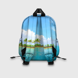 Рюкзак с принтом Экзотический отдых с лазурным морем для ребенка, вид на модели сзади №2. Цвет основы: белый