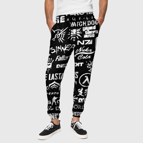 Мужские брюки 3D Логотипы игр чёрно белый стиль, цвет 3D печать - фото 4