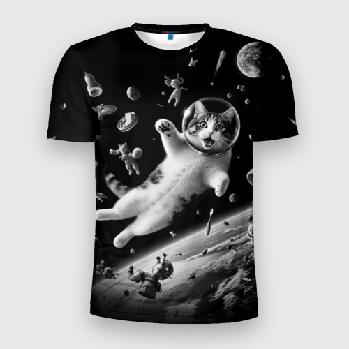 Мужская футболка 3D Slim Офигевший котейка в безвоздушном пространстве, цвет 3D печать