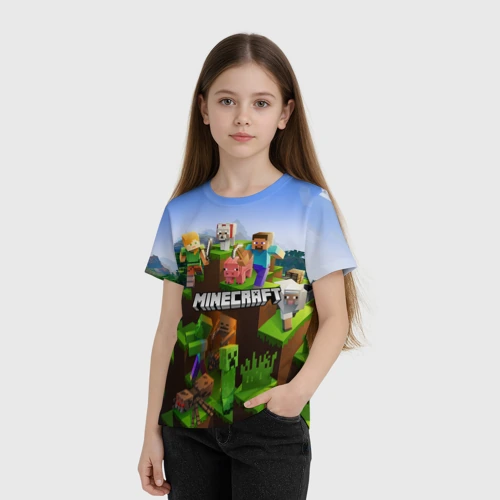 Детская футболка 3D с принтом Minecraft pixel world, фото на моделе #1