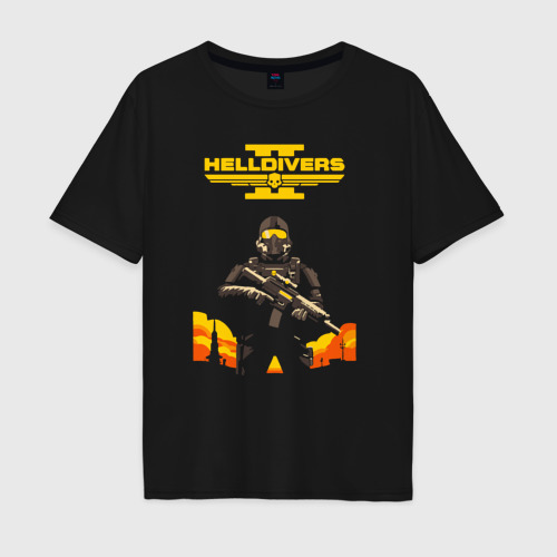 Мужская футболка хлопок Oversize с принтом Адский десантник - helldivers 2, вид спереди #2