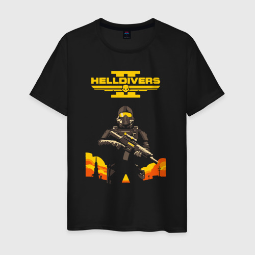 Мужская футболка хлопок Адский десантник - helldivers 2, цвет черный