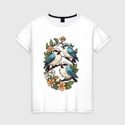 Три птицы на ветках в цветах – Женская футболка хлопок с принтом купить со скидкой в -20%