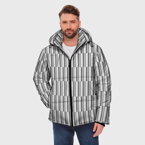 Мужская зимняя куртка 3D с принтом Светло-серый полоски, фото на моделе #1