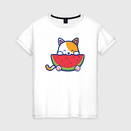 Женская футболка из хлопка с принтом Собачка с арбузом, вид спереди №1