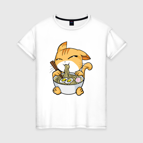 Женская футболка из хлопка с принтом Ramen cat, вид спереди №1