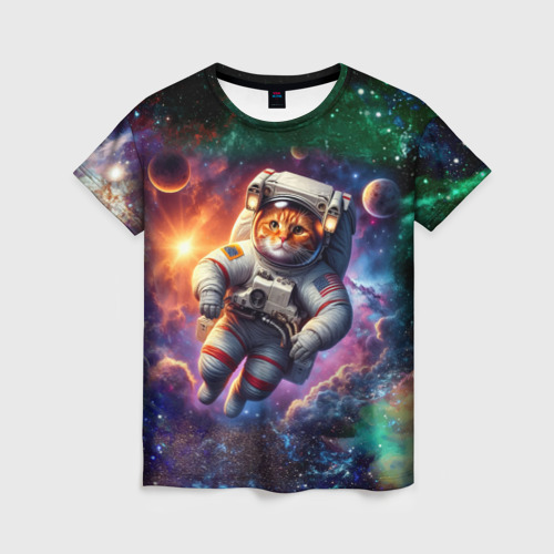 Женская футболка 3D Котик бравый космонавт - неон, цвет 3D печать