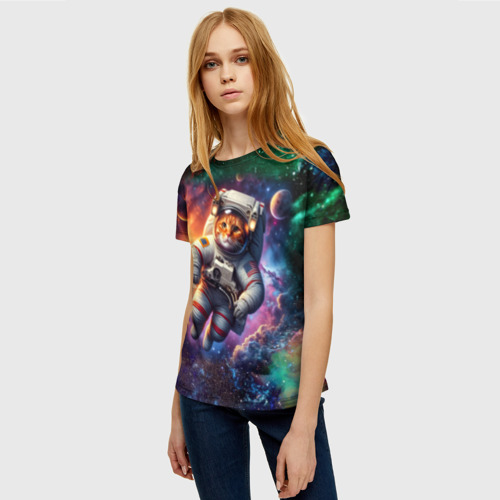 Женская футболка 3D Котик бравый космонавт - неон, цвет 3D печать - фото 3