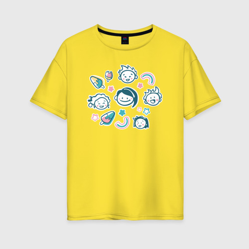 Женская футболка хлопок Oversize Мороженое и веселые детские мордашки принт, цвет желтый