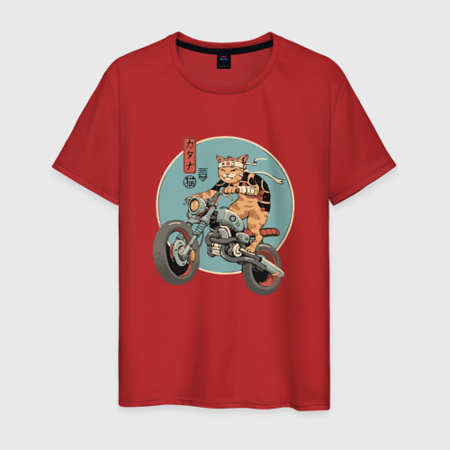 Мужская футболка хлопок Кот на мотике, цвет красный