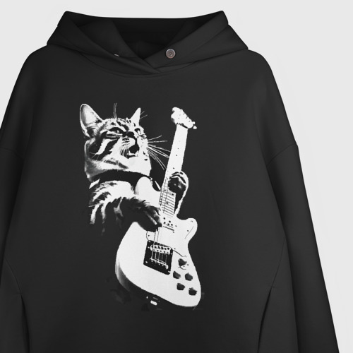 Женское худи Oversize хлопок Кот гитарист , цвет черный - фото 3