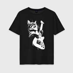 Женская футболка хлопок Oversize Кот гитарист 