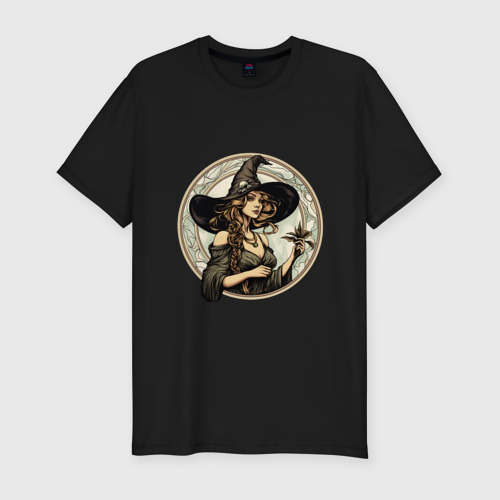 Мужская футболка хлопок Slim Ретро ведьма в шляпе, цвет черный