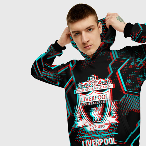Мужская толстовка 3D Liverpool FC в стиле glitch на темном фоне, цвет черный - фото 5