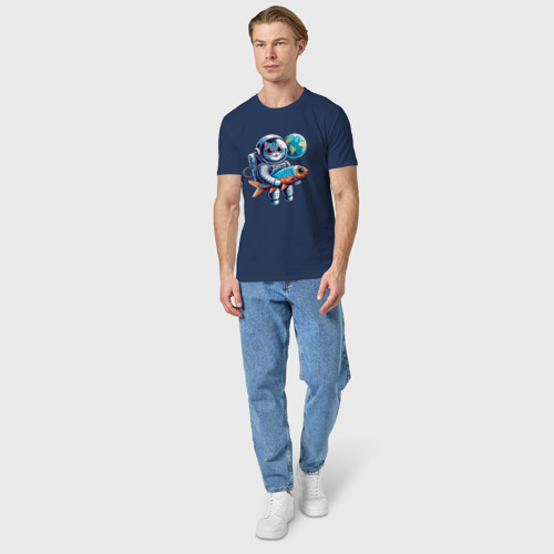 Мужская футболка хлопок Котик космонавт с рыбой - нейросеть, цвет темно-синий - фото 5