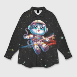 Мужская рубашка oversize 3D Котёнок космонавт в открытом космосе