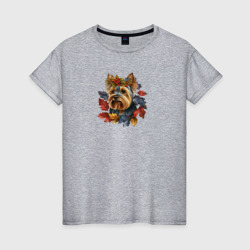 Йоркширский терьер арт с осенними листьями – Женская футболка хлопок с принтом купить со скидкой в -20%