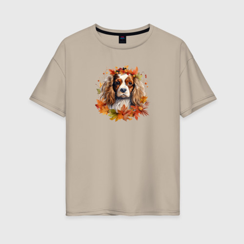 Женская футболка хлопок Oversize Кавалер кинг чарльз спаниель арт с осенними листьями, цвет миндальный