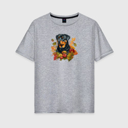 Женская футболка хлопок Oversize Ротвейлер арт с осенними листьями