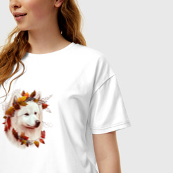 Женская футболка хлопок Oversize Самоедская собака осенний арт - фото 2