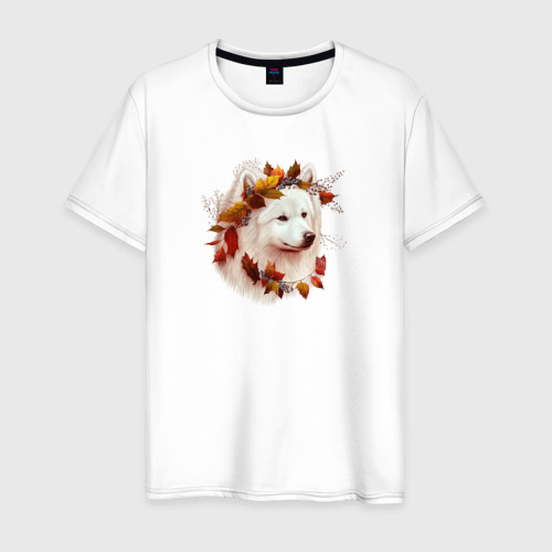 Мужская футболка из хлопка с принтом Самоедская собака осенний арт, вид спереди №1