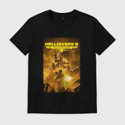Мужская футболка хлопок Адские десантники с флагом - helldivers 2