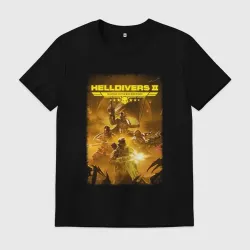 Мужская футболка хлопок Адские десантники с флагом - helldivers 2