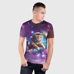 Мужская футболка 3D Slim Котик смелый космонавт - нейросеть - фото 2
