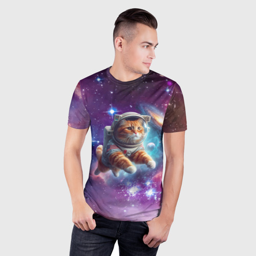 Мужская футболка 3D Slim Котик смелый космонавт - нейросеть, цвет 3D печать - фото 3