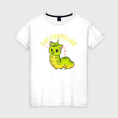 Женская футболка из хлопка с принтом Кошка гусеница, вид спереди №1
