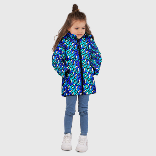 Зимняя куртка для девочек 3D с принтом Синий узор и чёрная обводка, вид сбоку #3
