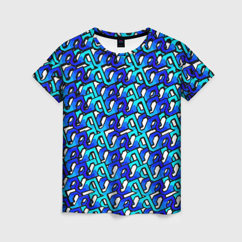 Женская футболка 3D с принтом Синий узор и чёрная обводка, вид спереди #2